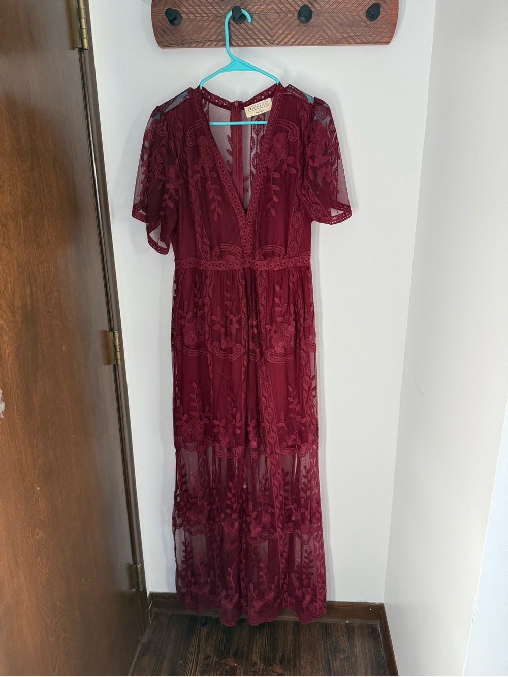 Deep Burgundy Lace Maxi Dress with V-Neck and Sheer Skirt